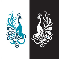 Elegant Peacock Vector Illustration,Decorative Peacock Design with Long Feathers,Beautiful Stylized Peacock Artwork,Blue and White Peacock Graphic Design,Symmetrical Peacock Line Art Vector
