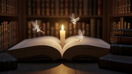 Open antique book with a glowing candle and tiny fairies hovering above it in a dimly lit library, sparking imagination and concepts of magic, lore, and the enchantment of storytelling - Powered by Adobe