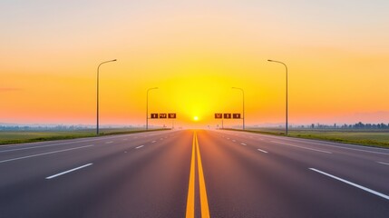 Sunrise Over a Quiet Highway with Clear Skies and Illuminated Road Signs in a Serene Landscape