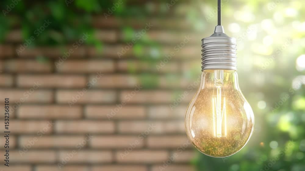 Poster glowing light bulb: a single, glowing light bulb hangs against a softly blurred background of brick 
