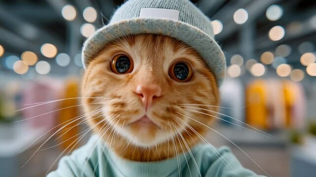 Hypebeast cat in a blue wool cap with visor and a hoodless sweatshirt posing for a selfie video in a modern, clean and minimal location.