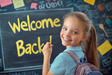 Young student writing "Welcome Back!" on a blackboard in a modern classroom, smiling warmly, first day of school.