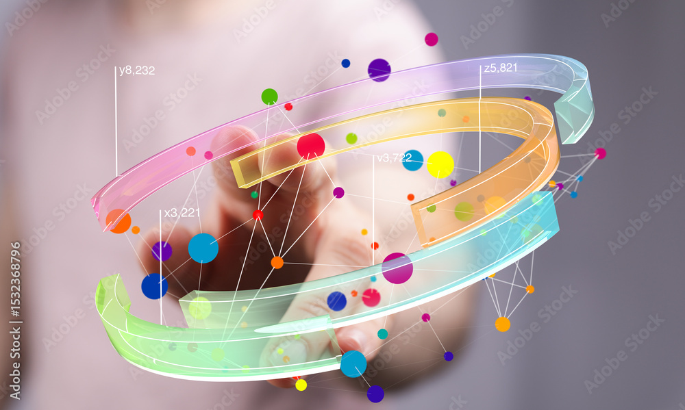Poster Abstract image of a hand interacting with a colorful 3D network graph, ideal for technology, data analysis, and connection concepts.