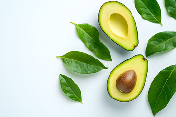 Avocado cut in half with leaves