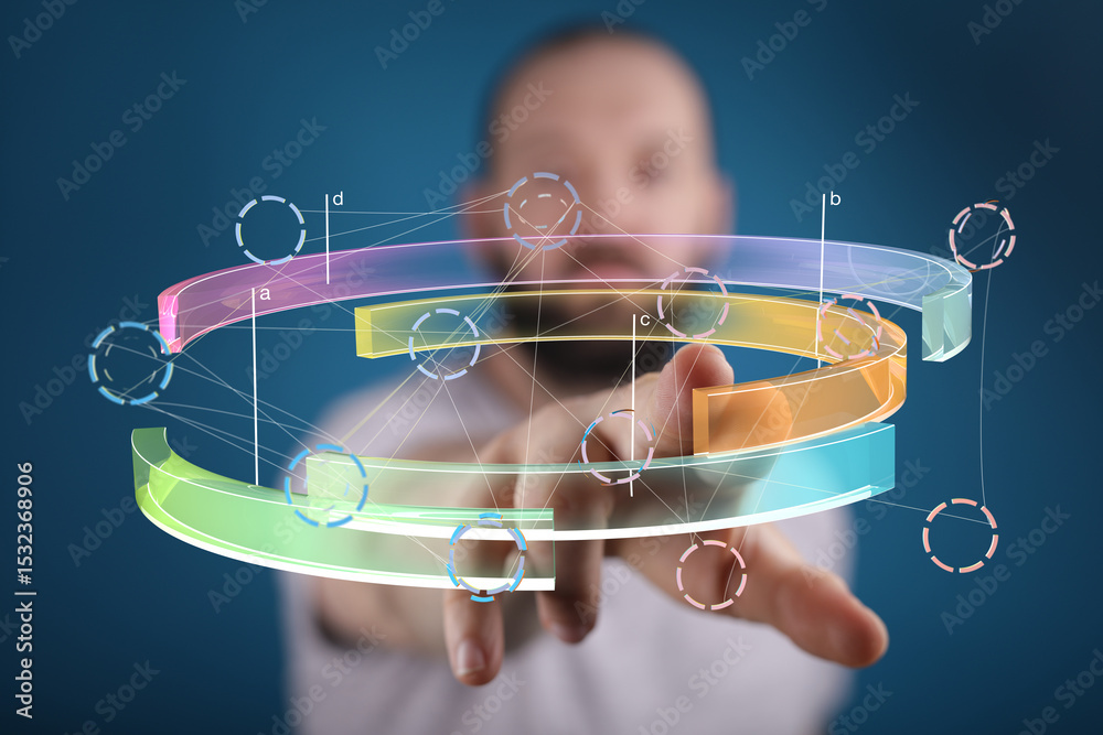 Poster a businessman interacts with a futuristic holographic 3d data visualization. technology, innovation,