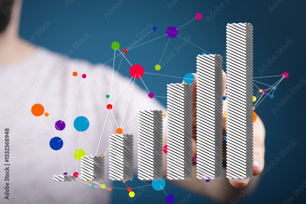 Poster Visual representation of business growth and data analysis using a 3D bar chart.