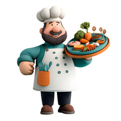 Cartoon chef character presenting a platter of appetizers against black backdrop