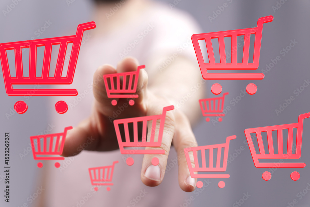 Poster person interacts with digital shopping carts, adding items to online order.