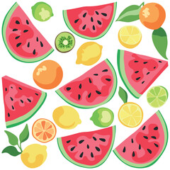Set of sliced ​​juicy fruits. Watermelon, lemon, orange, lime and kiwi with juicy greens. Isolated fruits without background. Citrus fruits. Set of stickers.