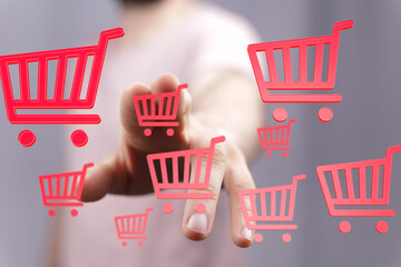 Person interacts with digital shopping carts, adding items to online order.