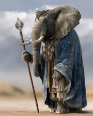 Majestic Elephant in Royal Garb Holding Ornate Staff in Desert Scene