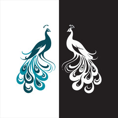 Fototapeta premium Elegant Peacock Vector Illustration,Decorative Peacock Design with Long Feathers,Beautiful Stylized Peacock Artwork,Blue and White Peacock Graphic Design,Symmetrical Peacock Line Art Vector
