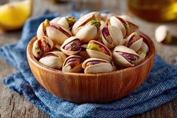 Freshly shelled pistachios in a wooden bowl on a rustic table with a blue cloth