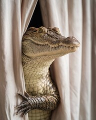 Curious Crocodile Peeking Through Curtain in Soft Natural Light