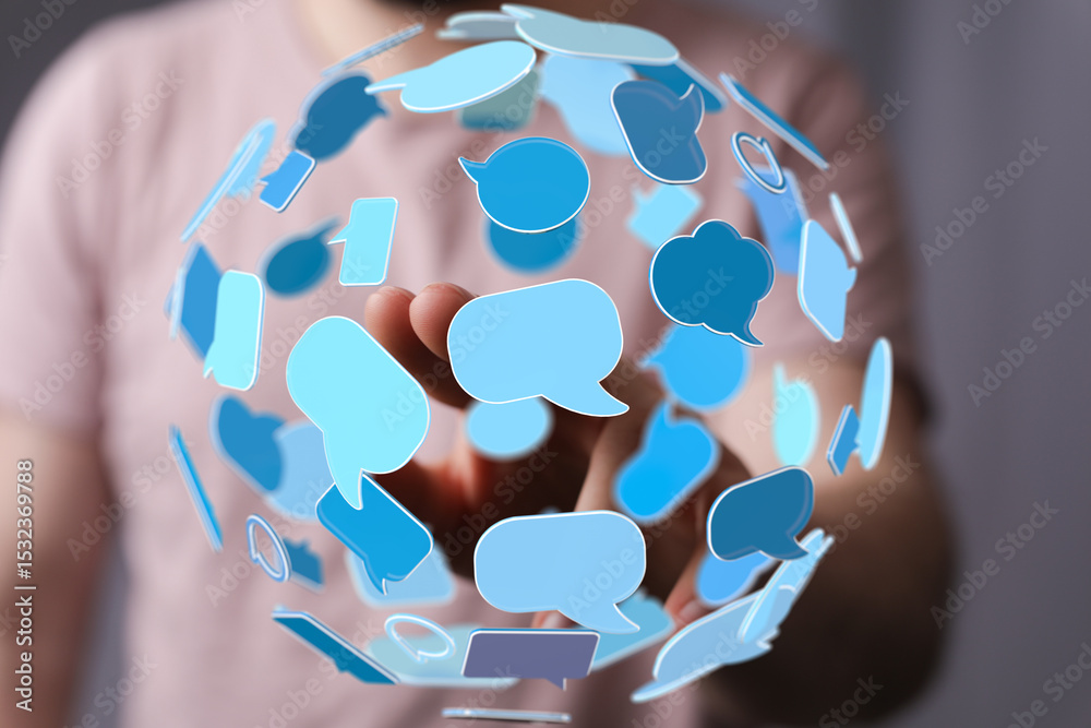 Poster seamless communication. digital conversation sphere. global network concept.