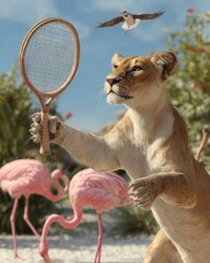 Lioness Playing Tennis with Flamingos and Bird in a Tropical Setting