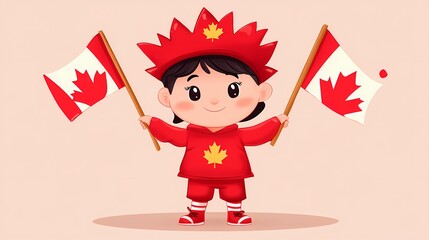 Cartoon child in Canada Day costume with flags, simple full-body illustration