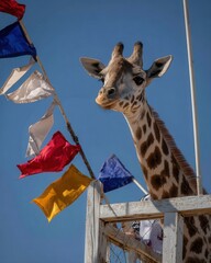 Giraffe Curiously Gazing with Colorful Flags in Background Sky