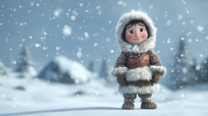 Inuit child cartoon character in traditional caribou-skin clothing