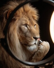 Close-Up of Majestic Lion Grooming Under Soft Studio Light