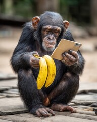 Chimpanzee with Bananas Using Smartphone in Natural Habitat