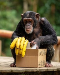 Curious Chimpanzee Examines Box with Fresh Bananas Nearby
