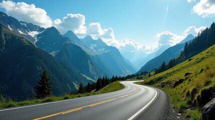 Naklejka premium Asphalt ribbon unwinding through a majestic mountain range, under a vibrant sky, showcasing nature's breathtaking beauty and the open road ahead