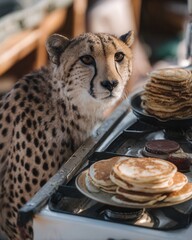 Cheetah Near Stack of Pancakes on Kitchen Countertop