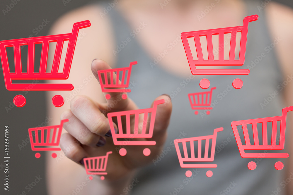 Aufkleber Person using finger to select multiple shopping carts on a touchscreen.