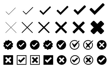 Check mark tick cross mark icon set verified badge icons approved button set check box correct right wrong buttons yes no checkmark black white buttons