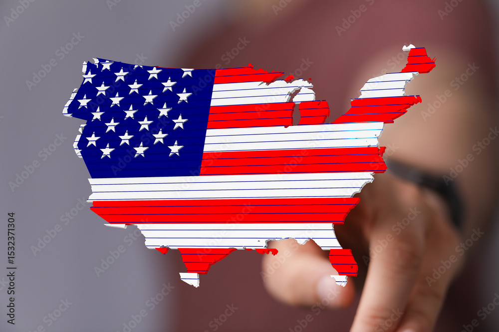 Poster stock photo of a hand interacting with a 3d map of the usa designed with the american flag.