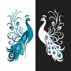 Elegant Peacock Vector Illustration,Decorative Peacock Design with Long Feathers,Beautiful Stylized Peacock Artwork,Blue and White Peacock Graphic Design,Symmetrical Peacock Line Art Vector