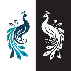 Elegant Peacock Vector Illustration,Decorative Peacock Design with Long Feathers,Beautiful Stylized Peacock Artwork,Blue and White Peacock Graphic Design,Symmetrical Peacock Line Art Vector