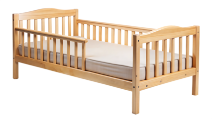 Wooden toddler bed with guard rails isolated on a white background
