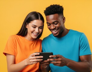 Fototapeta premium Man and Woman Laugh Together While Holding Phone and Enjoying Online Video in Bright Yellow Studio Background Wearing Matching T-Shirts and Casual Clothes