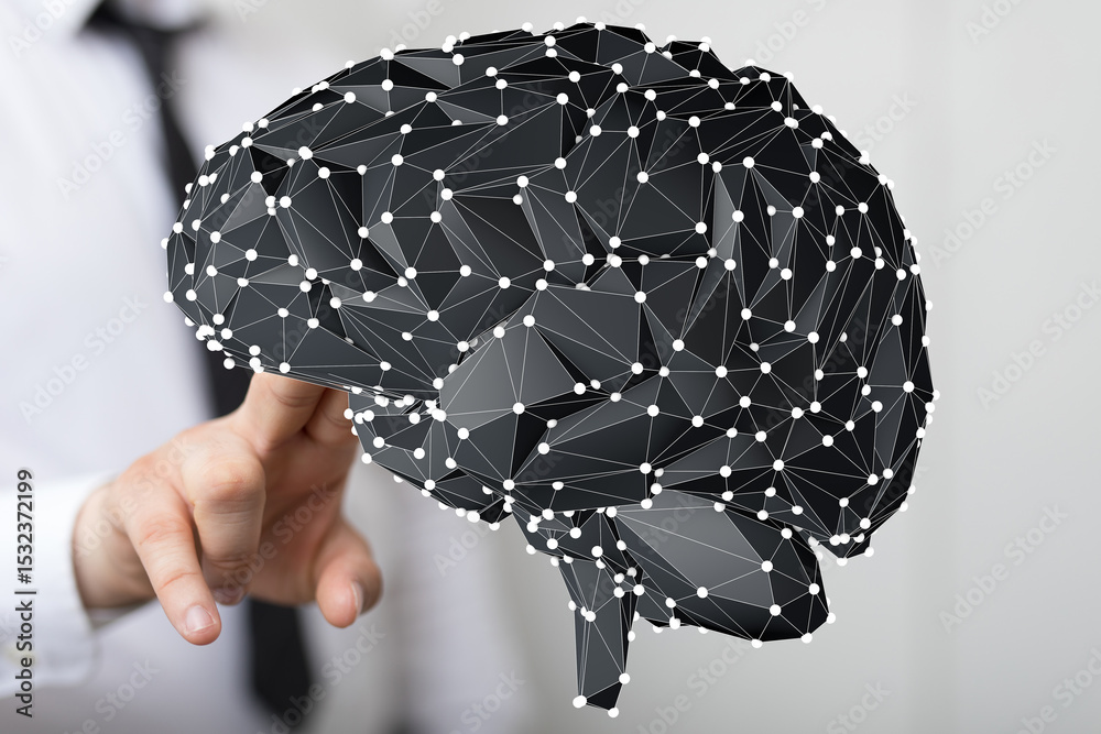 Leinwandbilder Hand interacting with a 3D model of a brain, representing neural networks and AI.