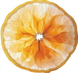 Close up of a dried citrus fruit slice, showing intricate details of its texture and translucent segments. The colors range from pale yellow to deep orange, creating a warm and inviting image.