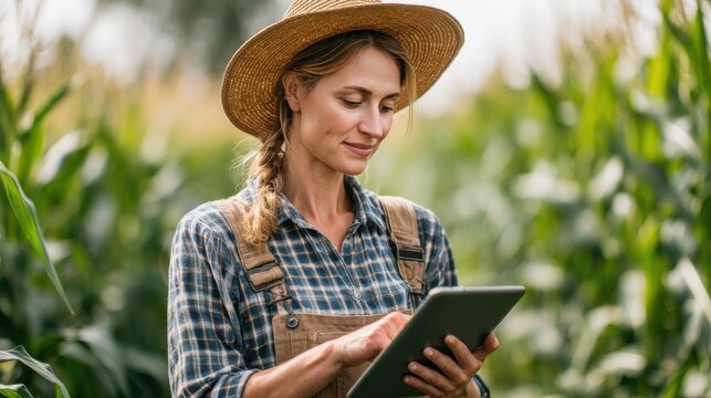 A woman wearing a straw hat and plaid shirt stands in a cornfield while using a tablet to monitor crops. It is a bright, sunny day with lush green corn around her