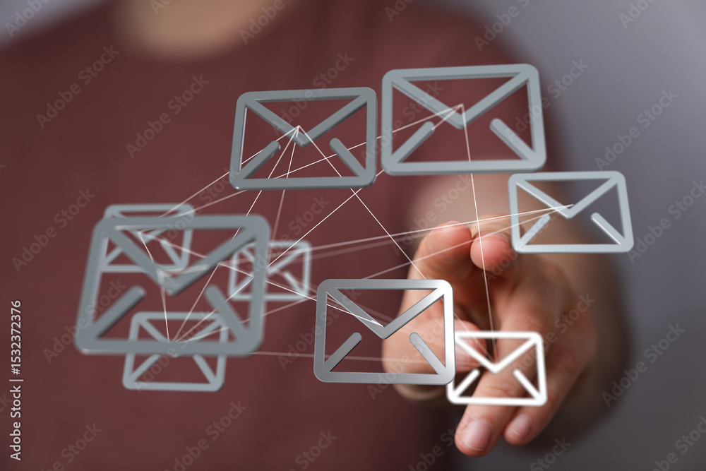 Poster visual representation of interconnected emails, global communication, network, digital correspondenc