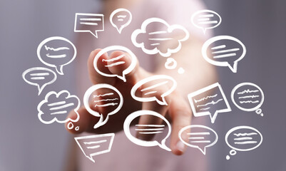 Abstract image of speech bubbles around a hand, symbolizing communication, social media,...