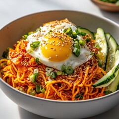 Spicy Noodles with Fried Eggs and Cucumbers