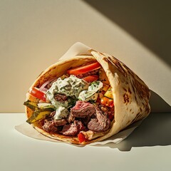 Close up view of a grilled meat gyro in a pita bread, with fresh vegetables and creamy sauce. The gyro is presented on a white surface, with dramatic lighting and shadows.