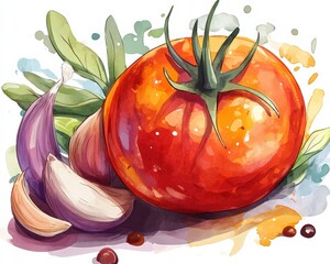 Vibrant watercolor painting of a ripe red tomato and garlic cloves. The image features a splash of color and a painterly style.