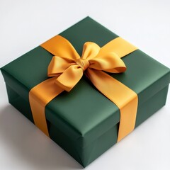A dark green gift box with a golden ribbon bow on a white background. The image is simple, clean and elegant, ideal for holiday or celebratory themes.
