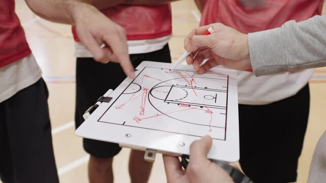 Basketball coach explaining game strategy to players - Powered by Adobe