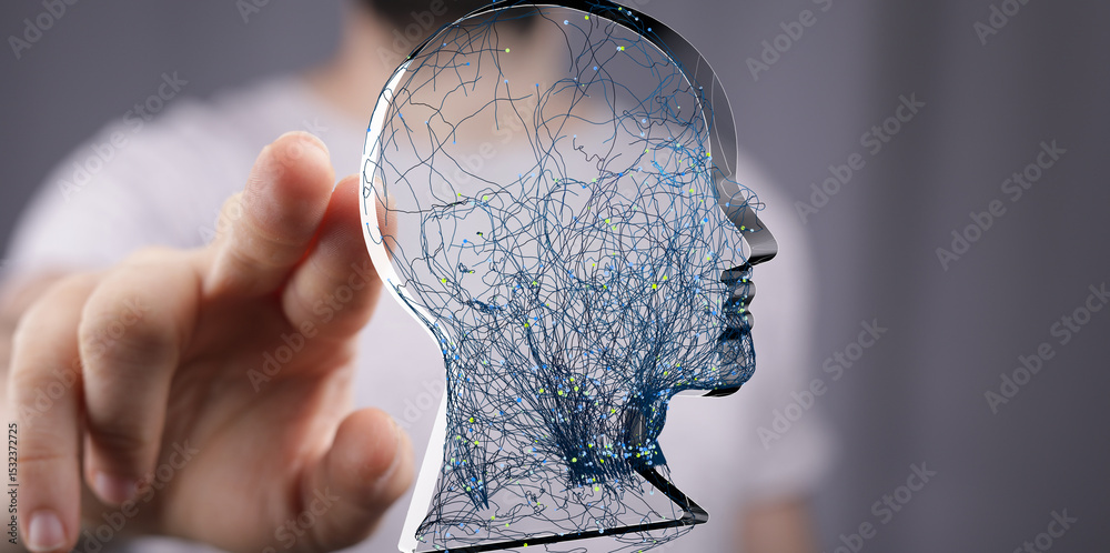 Poster Abstract image of neural network in a human head.  Concept of AI, technology, and the brain.