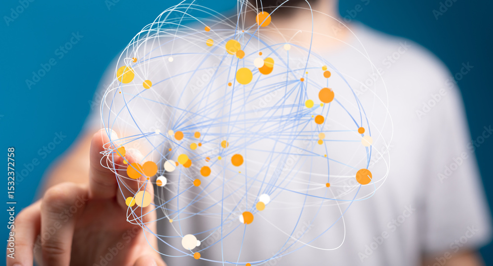 Aufkleber Abstract image of a person connecting with a global network, representing communication, technology, and data.