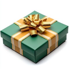 Green gift box with gold ribbon and bow on white background. Studio shot of a wrapped present, ideal for celebrations and holidays. Perfect for festive occasions.