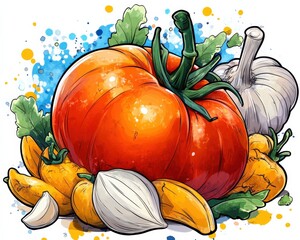 Vibrant Watercolor Illustration of Red Tomato, Garlic, and Yellow Peppers