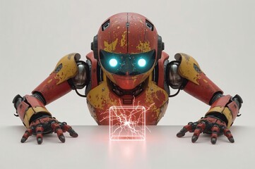 Image of a robot staring at a huge energy source to develop its own use, robot, droid, future robot, ai, energy, energy source, technology, science, healing, treatment, alternative future, work, mecha